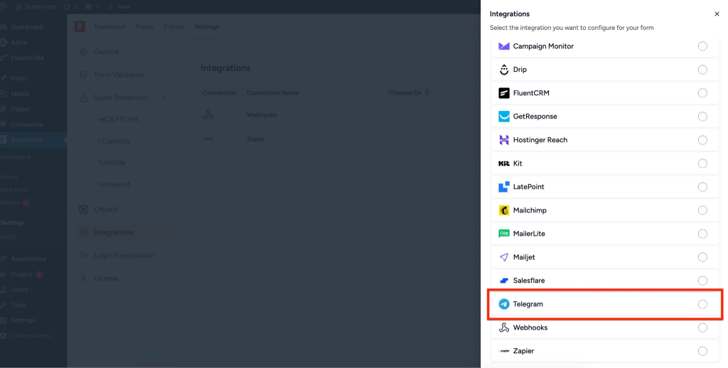 SureForms Integration with Telegram select Telegram