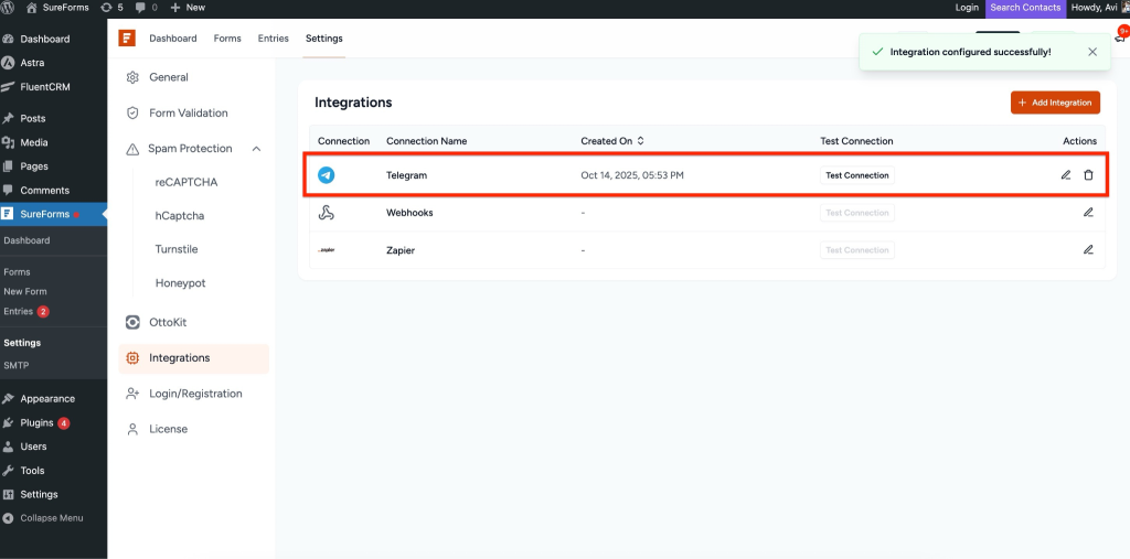 SureForms Integration with Telegram Telegram connection is now added