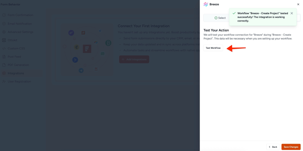 SureForms Integration with Breeze Test tab.