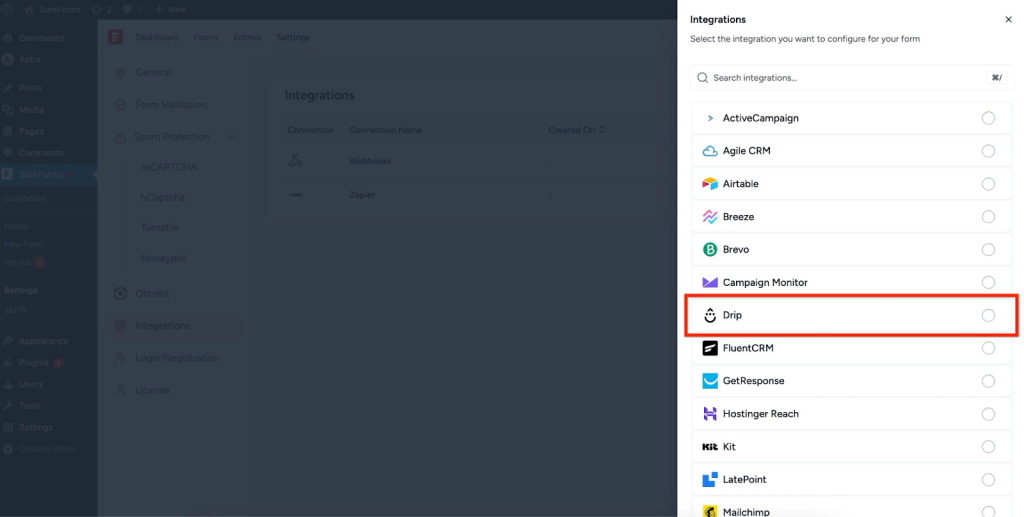 SureForms Integration with Drip Select Drip.