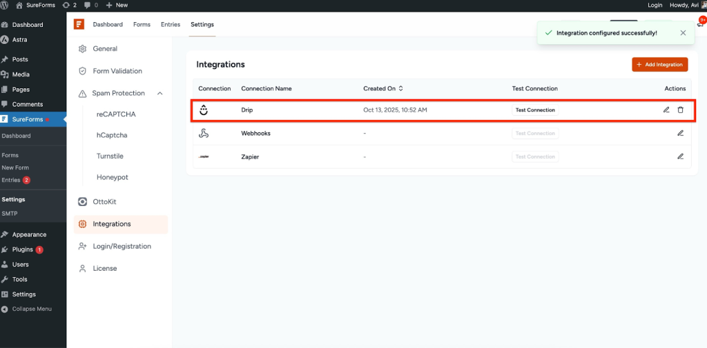 SureForms Integration with Drip Drip connection added.