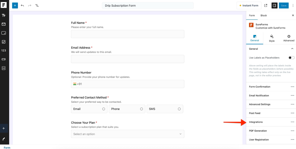 SureForms Integration with Drip Integrations tab.