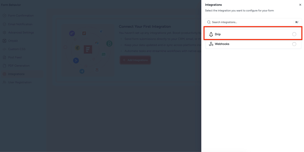 SureForms Integration with Drip Select Drip