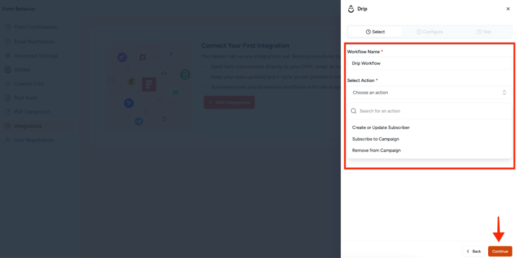 SureForms Integration with Drip Select tab