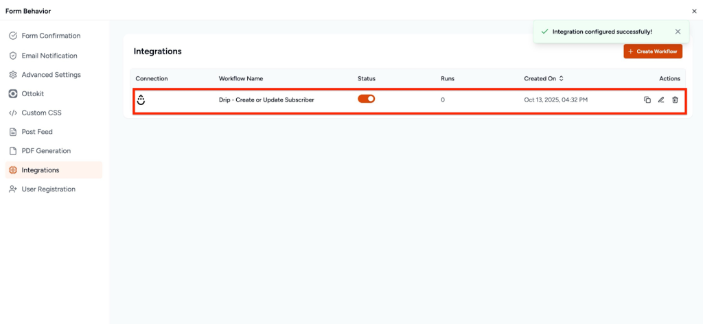 SureForms Integration with Drip Drip workflow