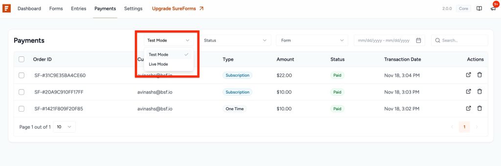 test mode : live mode