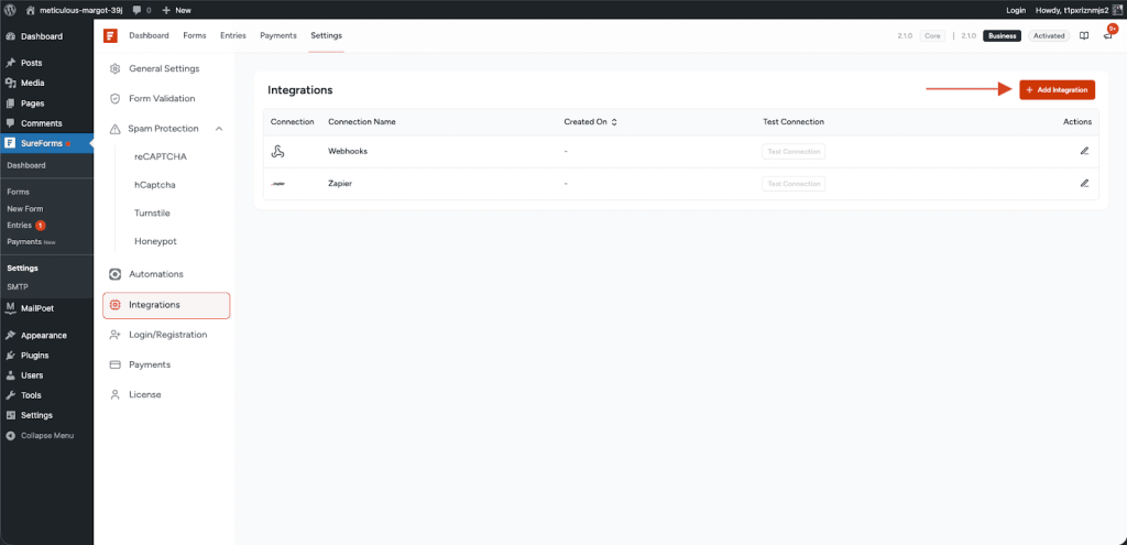 SureForms Integration with MailPoet Click the Add Integration button.