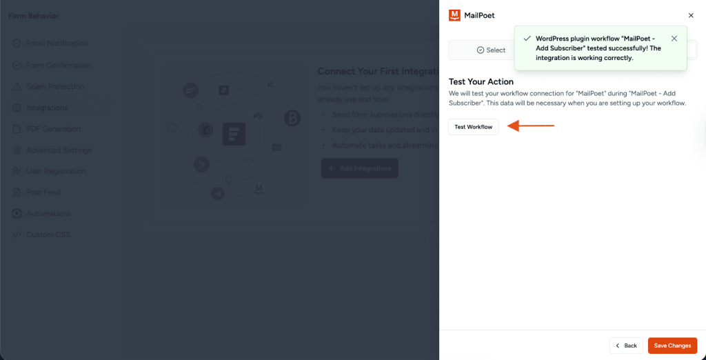 SureForms Integration with MailPoet Test tab