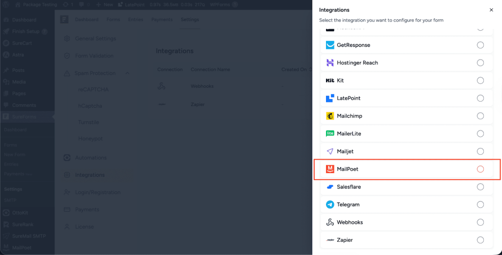 SureForms Integration with MailPoet select MailPoet