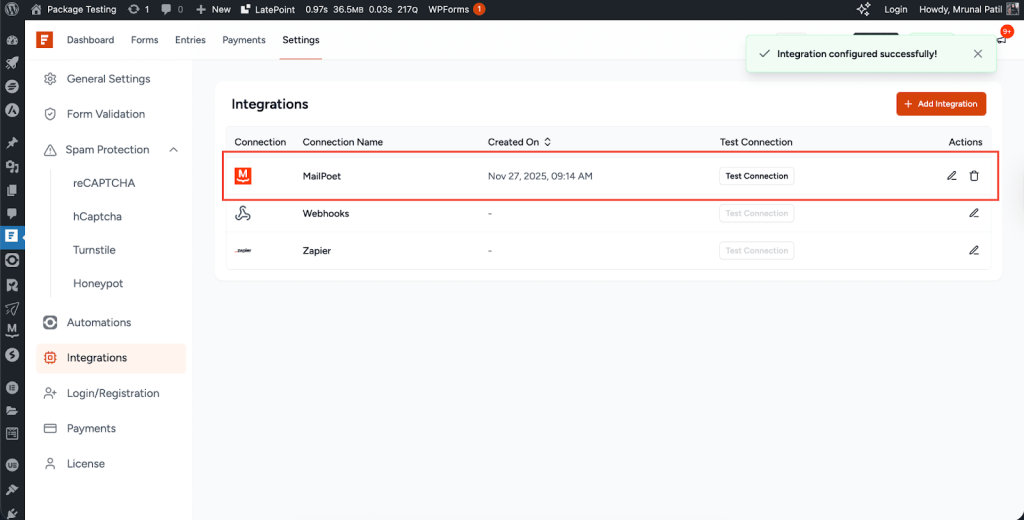 SureForms Integration with MailPoet Integration configured successfully!