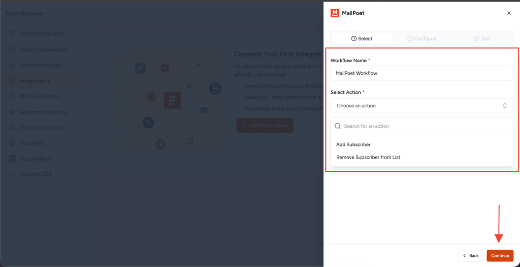 SureForms Integration with MailPoet Select Tab