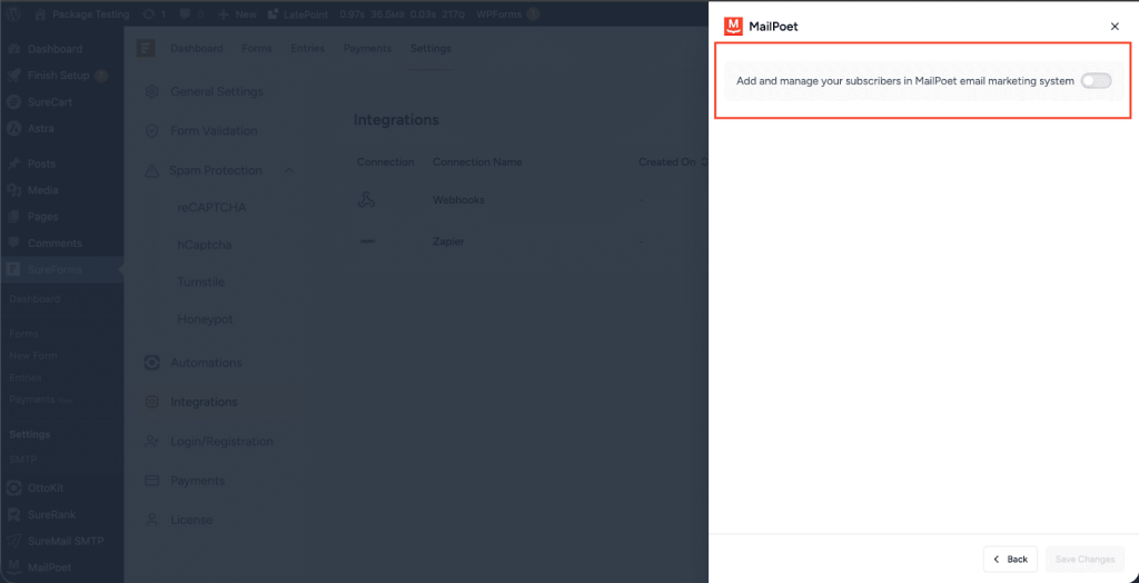 SureForms Integration with MailPoet Connect MailPoet