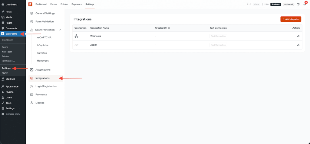 SureForms Integration with MailPoet Integrations tab