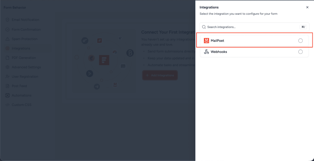 SureForms Integration with MailPoet Select MailPoet