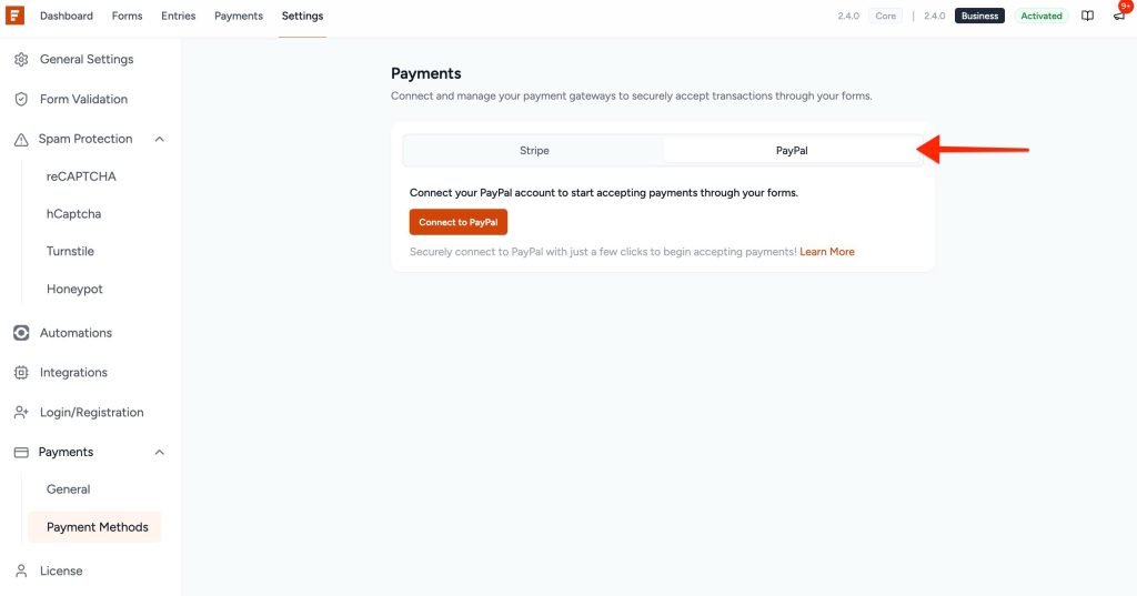 How to Connect PayPal in SureForms click on paypal.