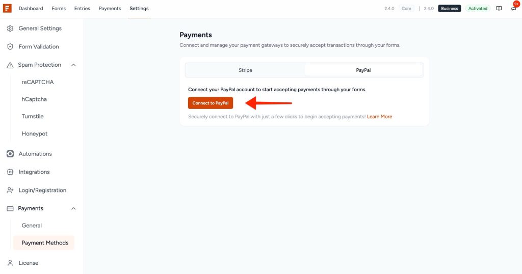 How to Connect PayPal in SureForms click the connect to paypal button.