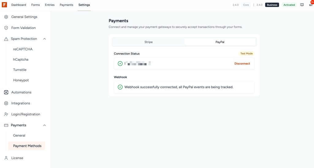How to Connect PayPal in SureForms PayPal connected success message