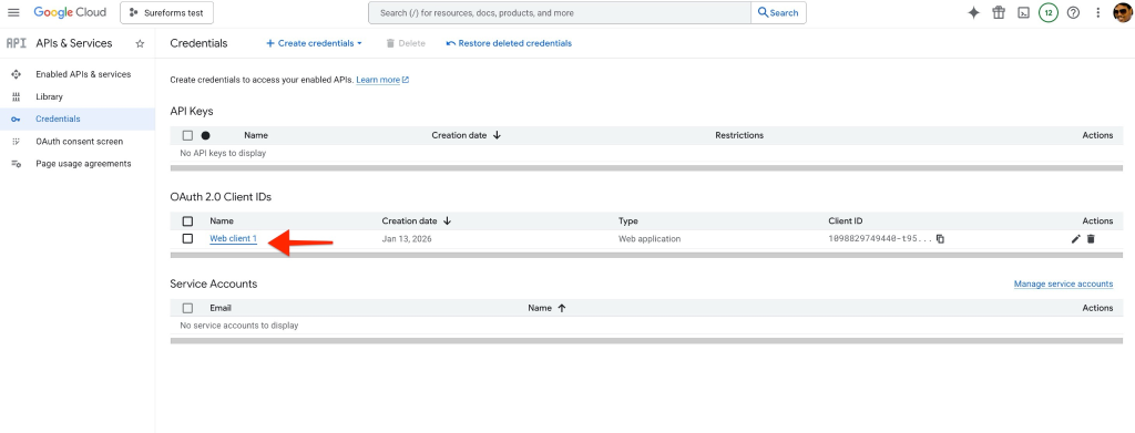 SureForms Integration with Google Sheets Click on the Web Client ID