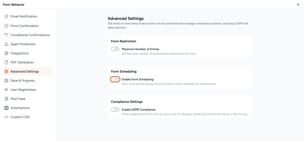 Form Scheduling in SureForms Enable Form Scheduling