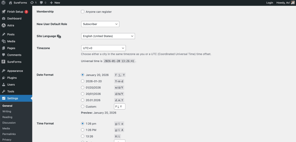 Form Scheduling in SureForms WordPress General Settings – Timezone