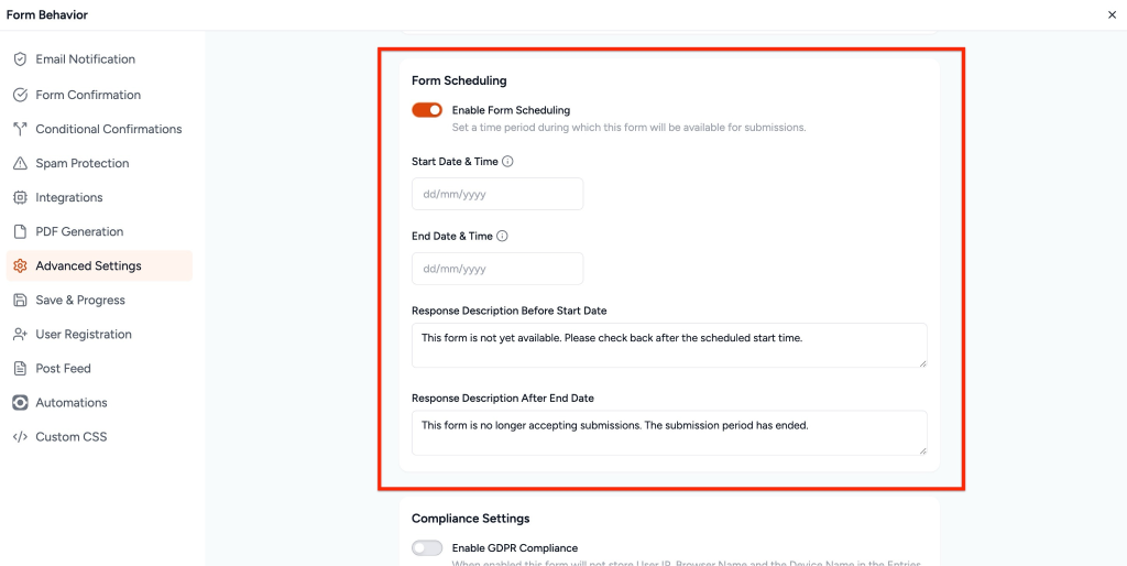 Form Scheduling in SureForms Enable Form Scheduling toggle