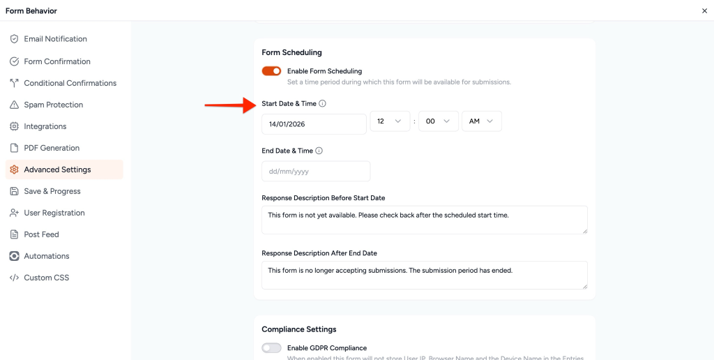 Form Scheduling in SureForms Start Date & Time date and time picker