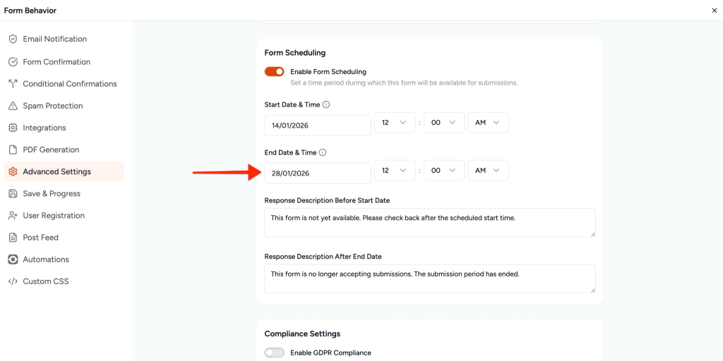 Form Scheduling in SureForms End Date & Time date and time picker