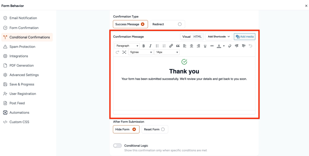 Conditional Confirmations in SureForms Success message editor