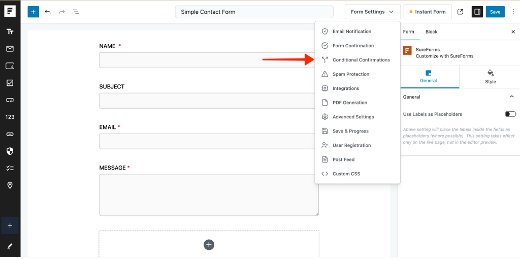Conditional Confirmations in SureForms Conditional Confirmations option