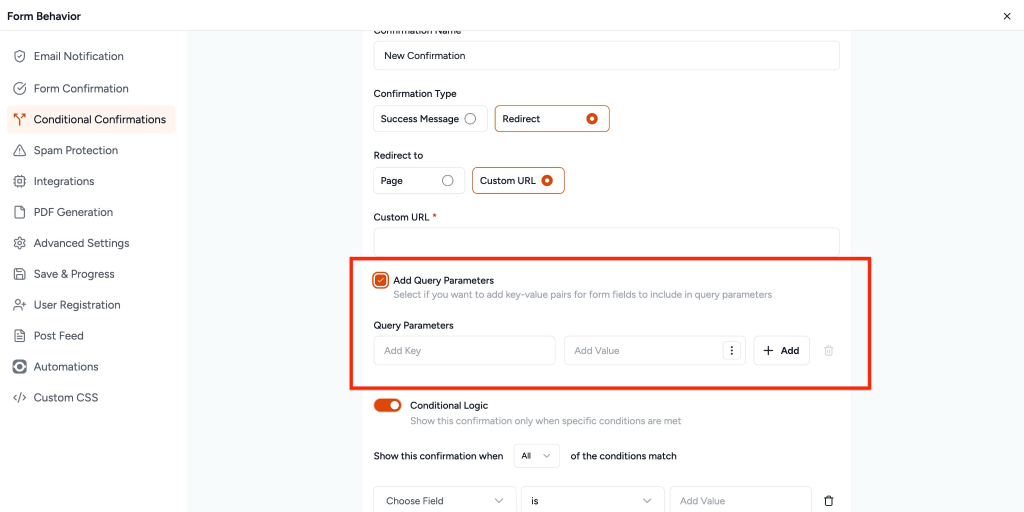 Conditional Confirmations in SureForms Add Query Parameters option