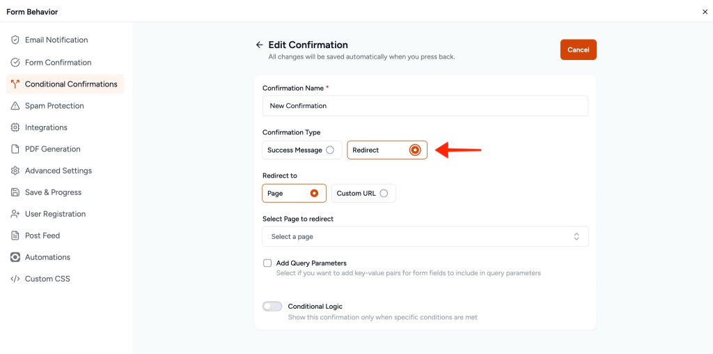 Conditional Confirmations in SureForms redirect users after submission