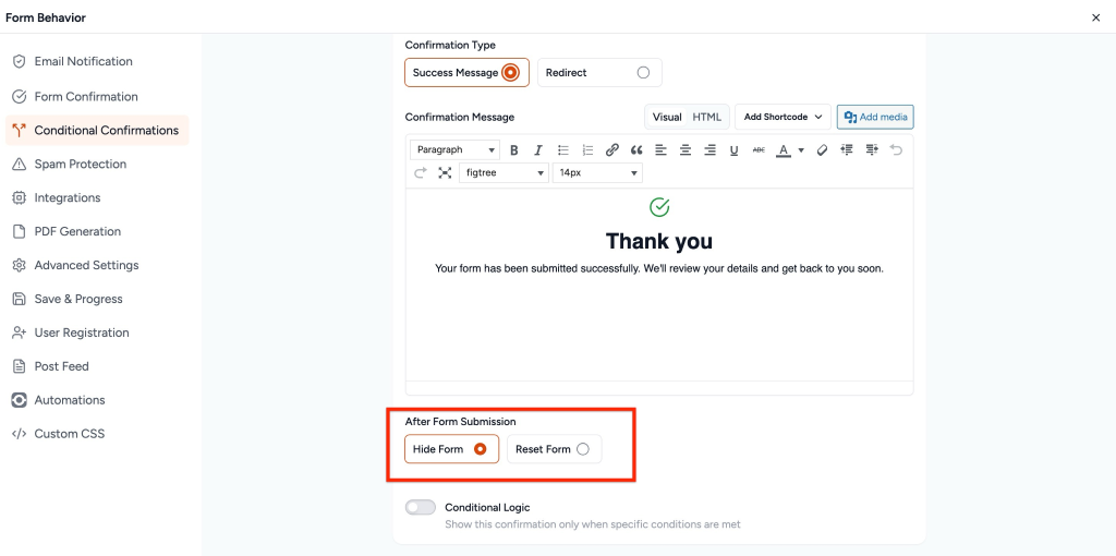 Conditional Confirmations in SureForms After submission options