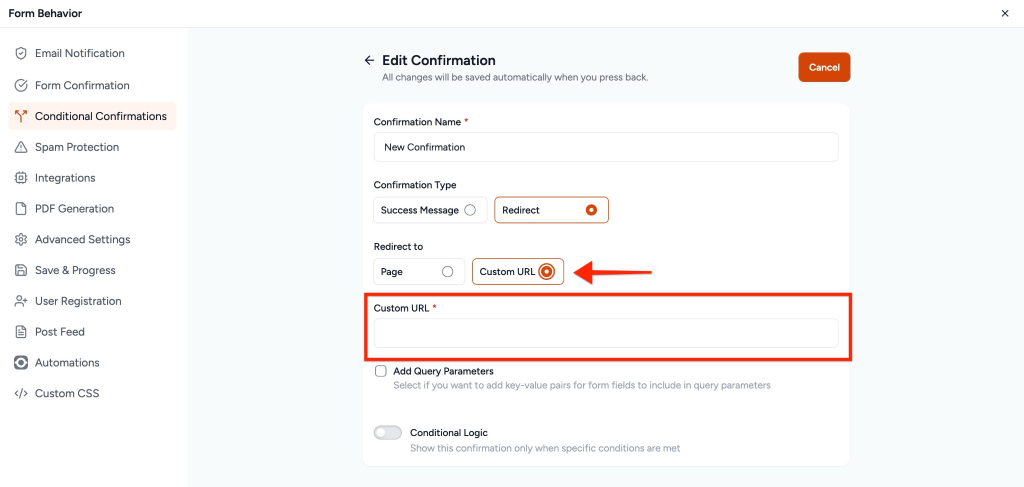 Conditional Confirmations in SureForms Redirect to Custom URL