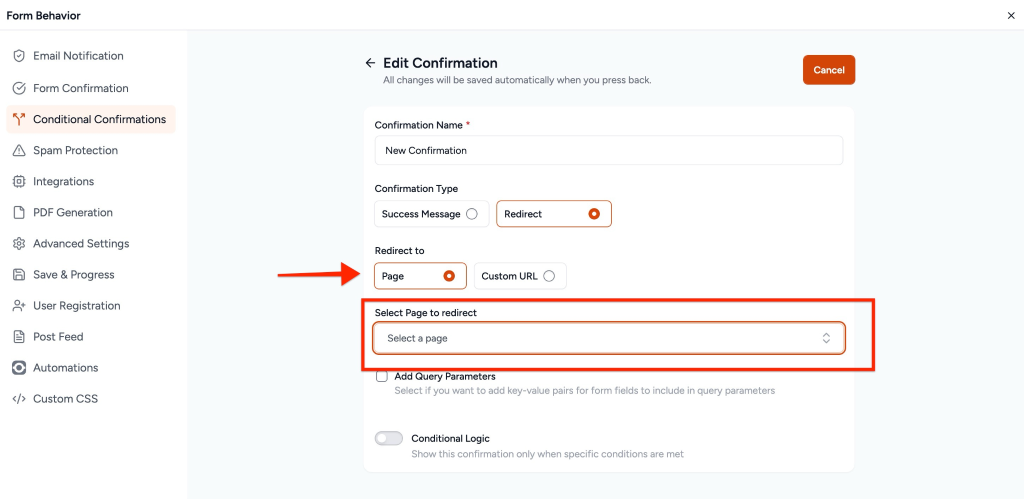 Conditional Confirmations in SureForms Select an existing page