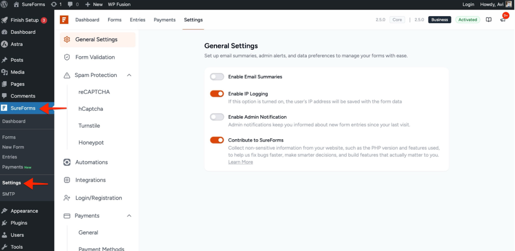 SureForms → Settings.