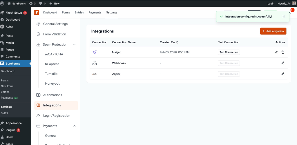 Mailjet listed under connected integrations