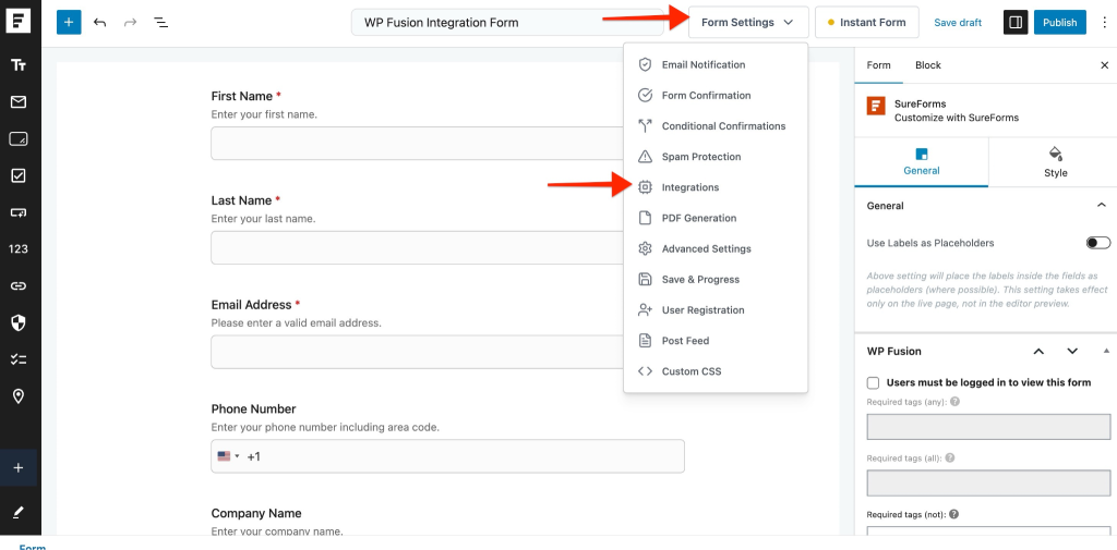 Form Settings option