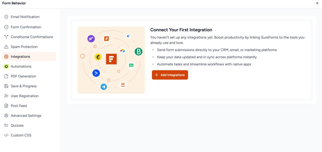 SureForms Integration with Klaviyo add integration