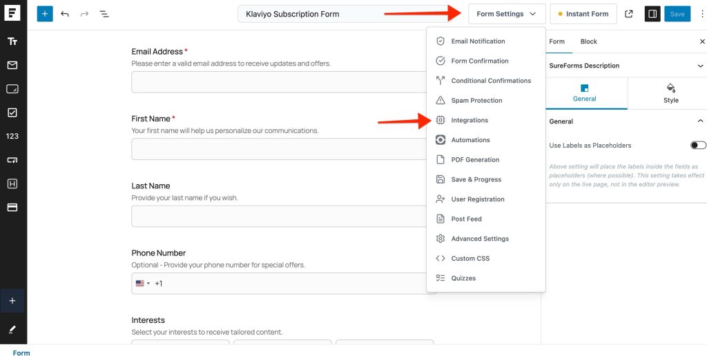 SureForms Integration with Klaviyo form settings → integrations option in the dropdown
