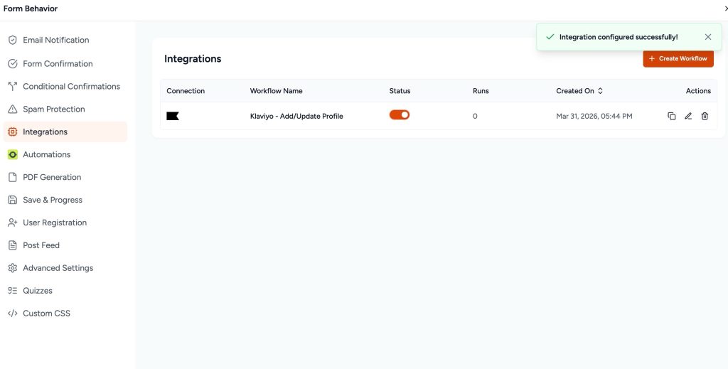 SureForms Integration with Klaviyo integration complete