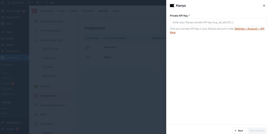 SureForms Integration with Klaviyo klaviyo api key input field