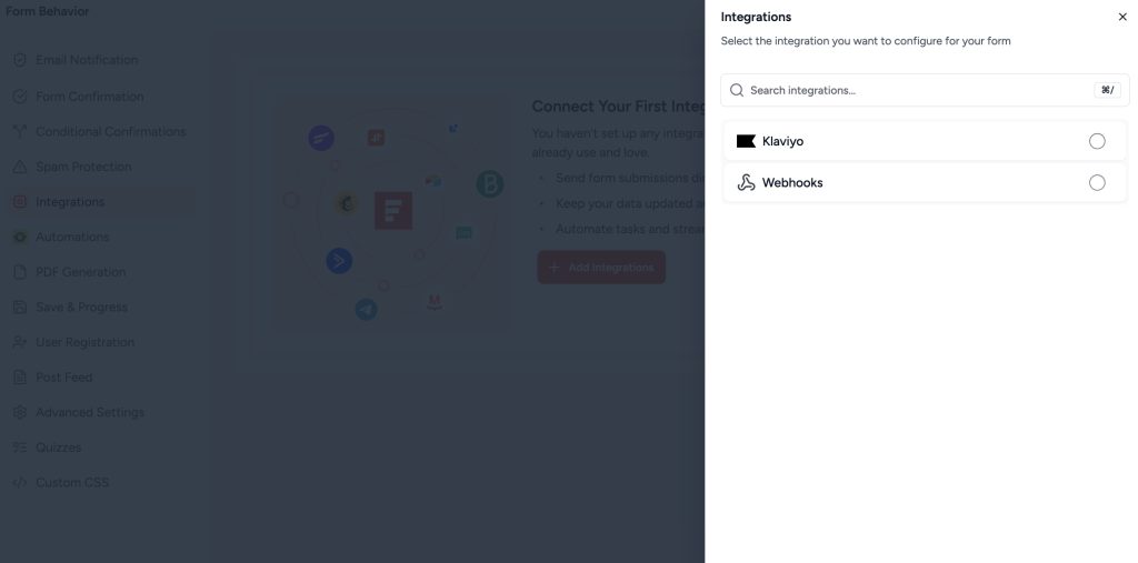 SureForms Integration with Klaviyo klaviyo selected in the form level integration picker