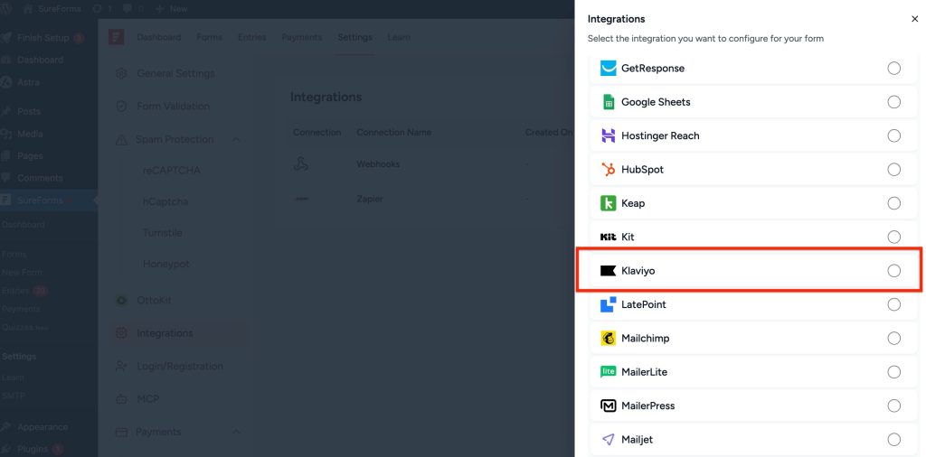 SureForms Integration with Klaviyo klaviyo selected in the integration picker