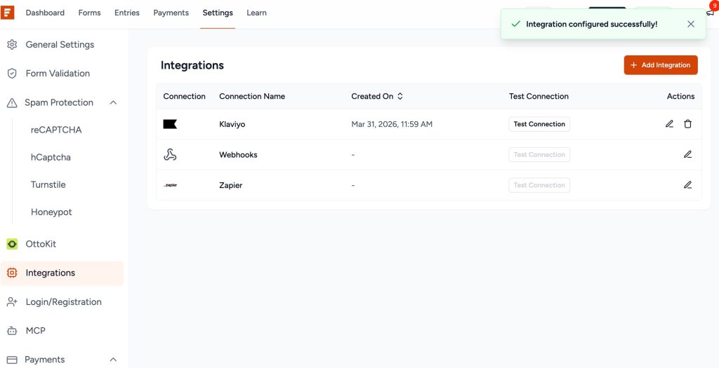 SureForms Integration with Klaviyo klaviyo showing as connected in the integrations list