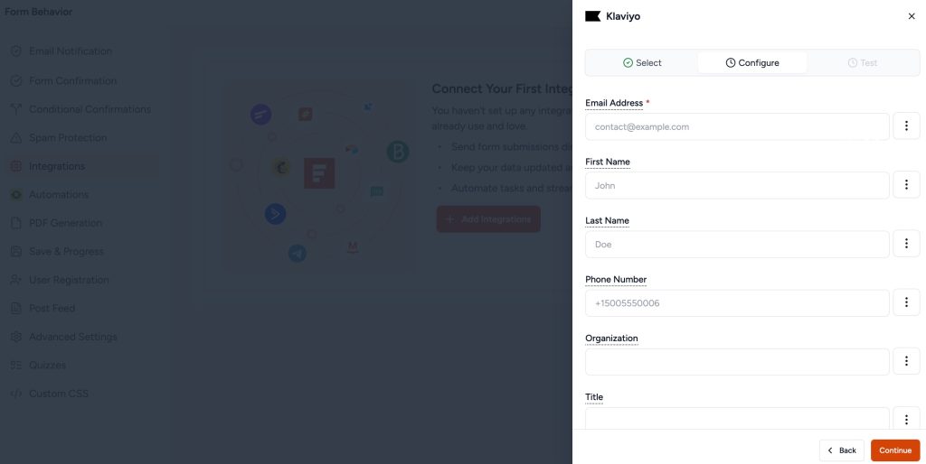 SureForms Integration with Klaviyo klaviyo – configure tab with field mapping