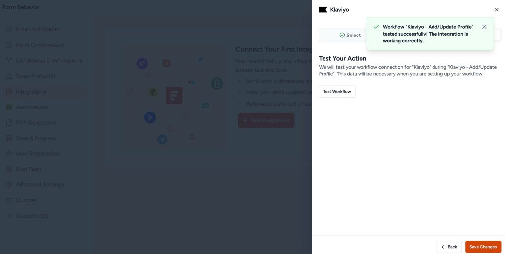 SureForms Integration with Klaviyo klaviyo – test tab showing successful test result