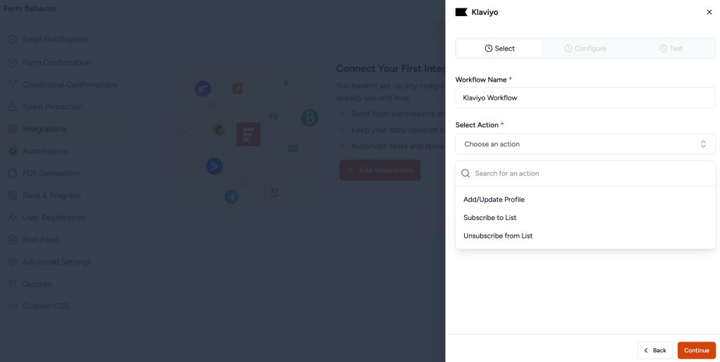 SureForms Integration with Klaviyo klaviyo – workflow tab with action selection