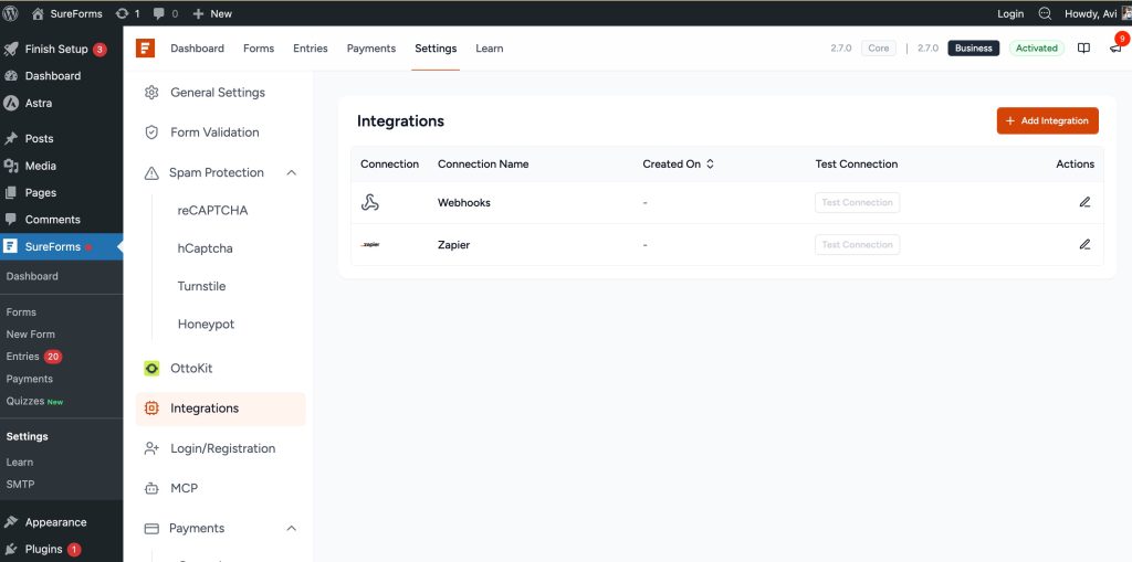 SureForms Integration with Klaviyo sureforms settings – integrations tab