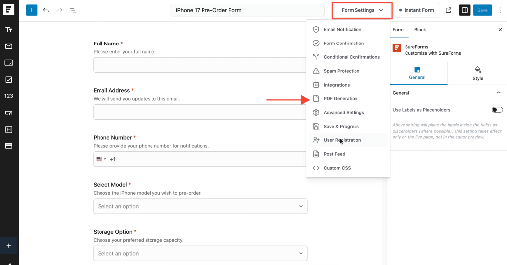 How To Automatically Convert Form Submissions Into PDF Documents Form Settings
