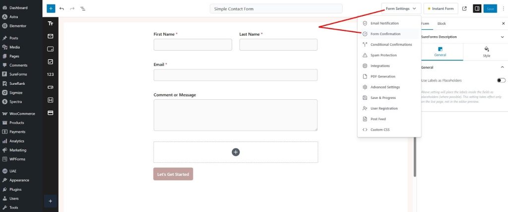 go to form settings